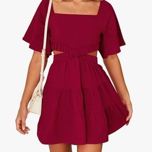 Square Neck Short Sleeve Cutout Crossover Waist Casual Party Tiered A-Line Mini
